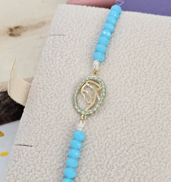 Blue Beaded Bracelet with 18 Carat Gold Virgin Mary Charm