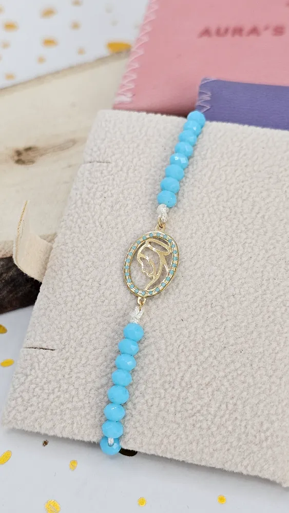 Blue Beaded Bracelet with 18 Carat Gold Virgin Mary Charm