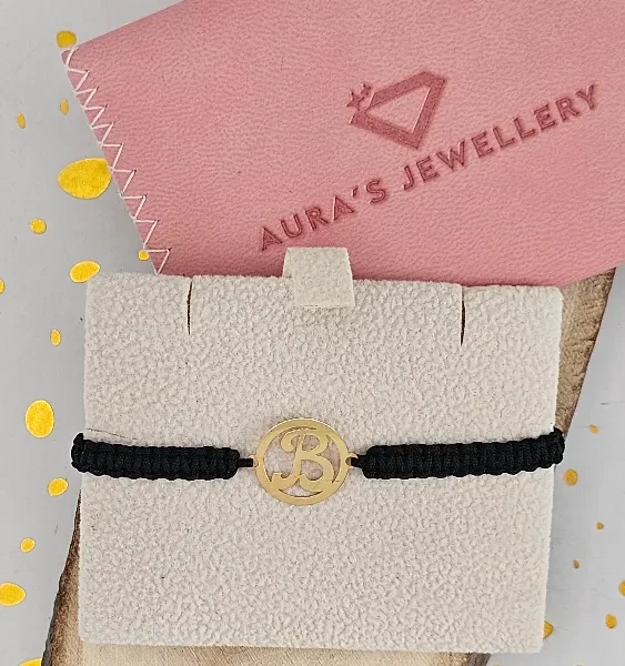 Black Thread Bracelet with 18 Carat Gold Initial B Charm