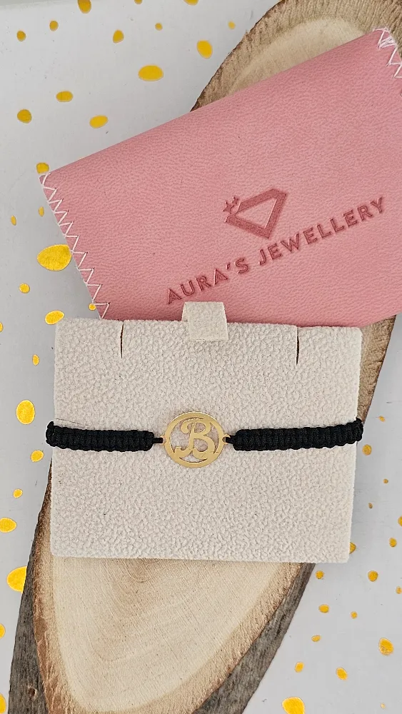 Black Thread Bracelet with 18 Carat Gold Initial B Charm
