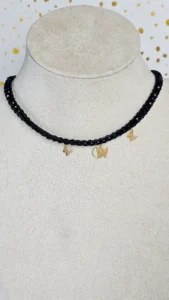 18 Carat Gold Butterfly Charm Necklace with Black Beads