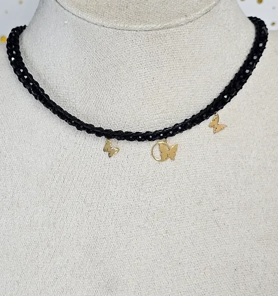 18 Carat Gold Butterfly Charm Necklace with Black Beads
