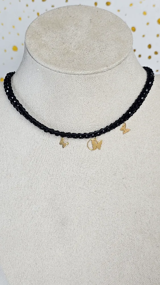 18 Carat Gold Butterfly Charm Necklace with Black Beads