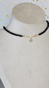 18 Carat Gold Black Beaded Flower Choker Necklace