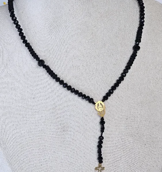 18 Carat Gold Cross and Saint Charbel Icon Religious Charms Necklace with Black Beads