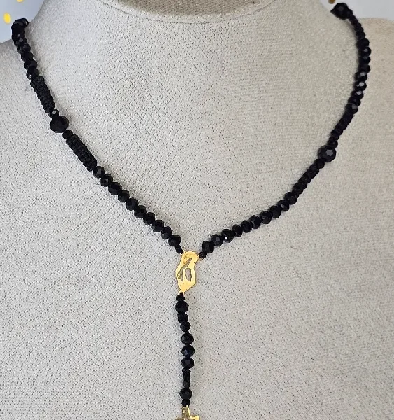 18 Carat Gold Cross and Virgin Mary Charm Necklace with Black Beads