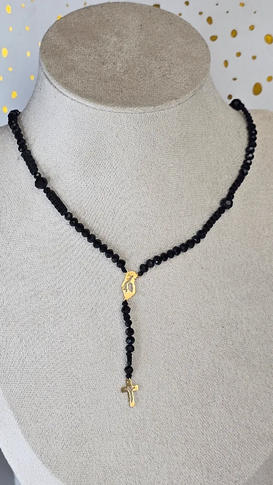 18 Carat Gold Cross and Virgin Mary Charm Necklace with Black Beads