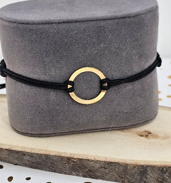 18K Gold Circle Bracelet on Black Thread