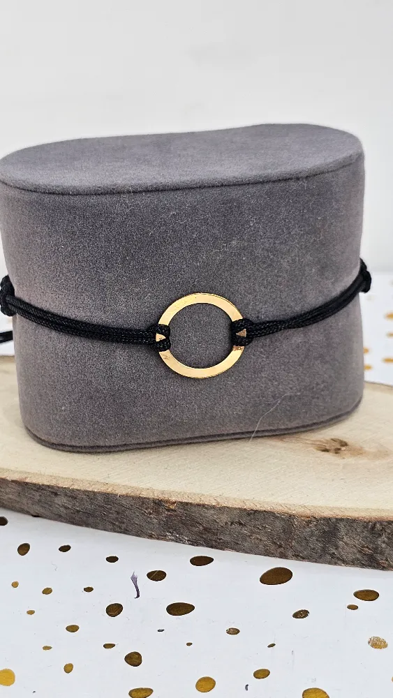 18K Gold Circle Bracelet on Black Thread