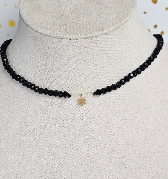 18 Carat Gold Snowflake Charm Necklace with Black Beads