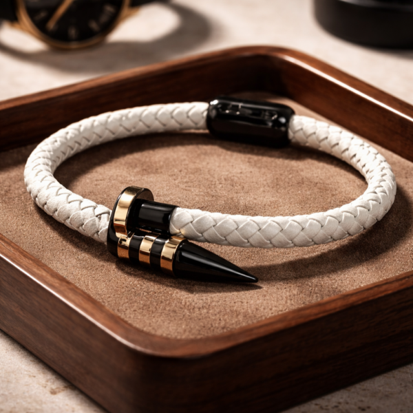 Aero Blanc white leather bracelet for men with black spike detail