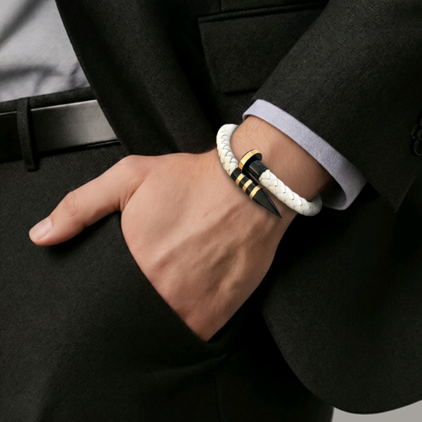 Aero Blanc white leather bracelet for men with black spike detail