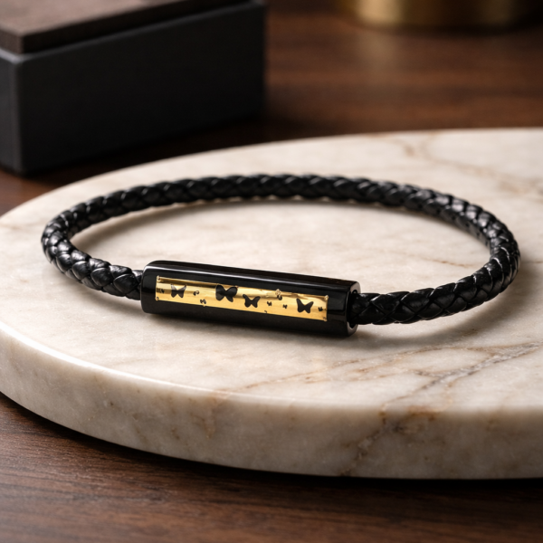 Aero Noir men’s bracelet in black braided leather with gold detail