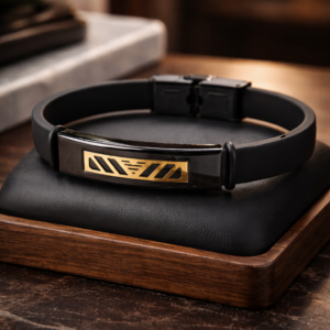 Apex Noir black leather bracelet for men with gold plate