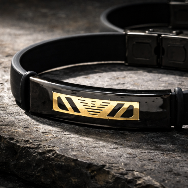 Apex Noir black leather bracelet for men with gold plate