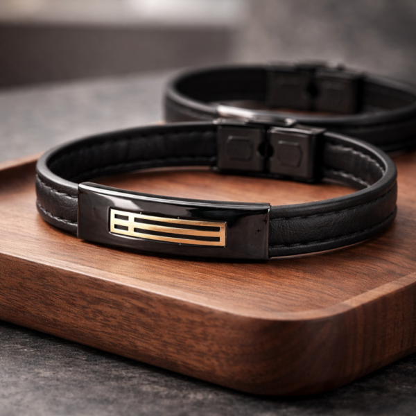 Axis Noir men’s bracelet in black leather with gold cross detail