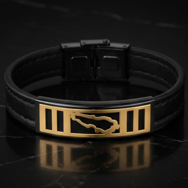 Lebanon Noir men’s black leather bracelet with gold engraved plate