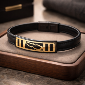 Lebanon Noir men’s black leather bracelet with gold engraved plate
