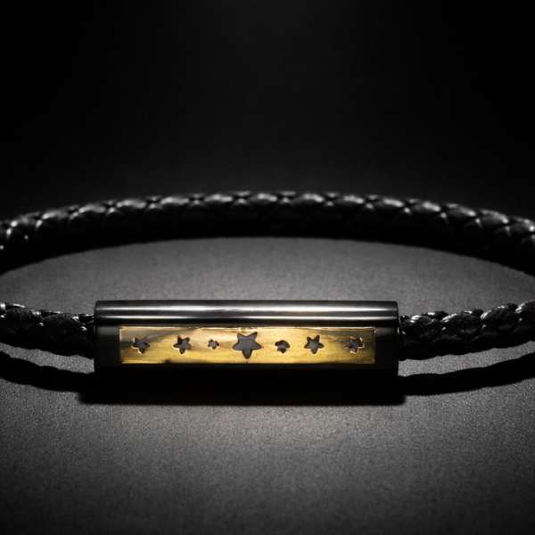 Orion Noir black leather bracelet for men with gold star engraved plate