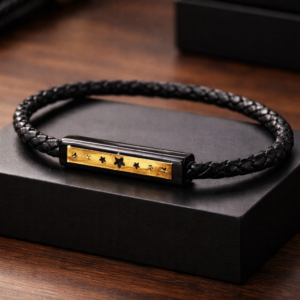 Orion Noir black leather bracelet for men with gold star engraved plate